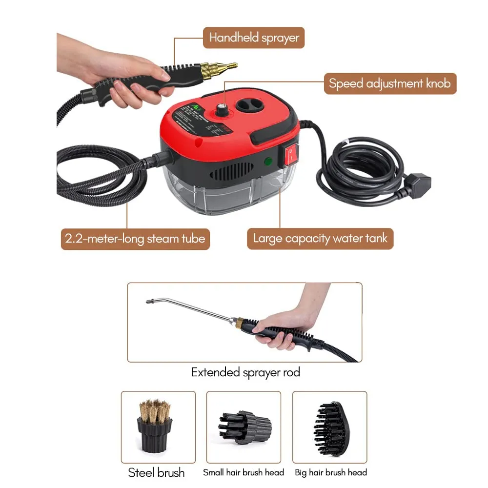 2500W Handheld Steam Cleaner High Temperature Pressurized Steam Cleaning Machine Portable Car Steamer with Brush Heads (Red)