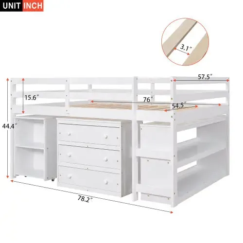 Bellemave® Low Loft Bed with Cabinet and Rolling Portable Desk