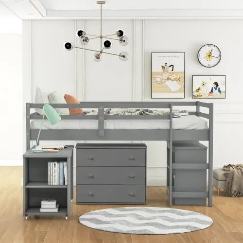 Bellemave® Low Loft Bed with Cabinet and Rolling Portable Desk