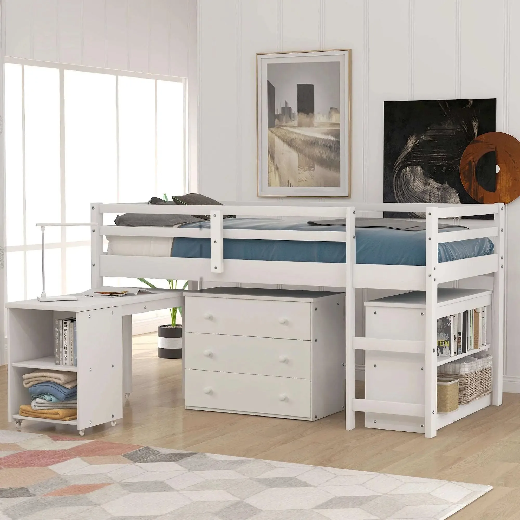 Bellemave® Low Loft Bed with Cabinet and Rolling Portable Desk