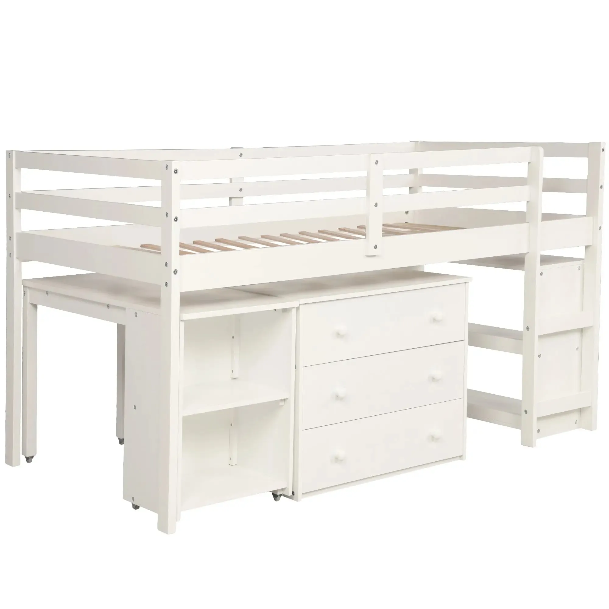 Bellemave® Low Loft Bed with Cabinet and Rolling Portable Desk