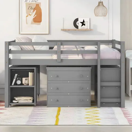 Bellemave® Low Loft Bed with Cabinet and Rolling Portable Desk