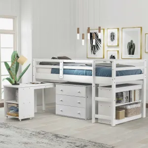 Bellemave® Low Loft Bed with Cabinet and Rolling Portable Desk