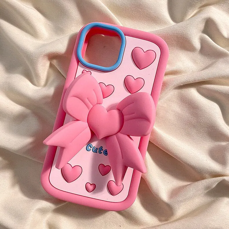 Cute Polka Hearts Design with a Foldable Ribbon Shaped Stand Thick Protective Shockproof iPhone Case for iPhone 11 12 13 14 15 Plus Pro Max