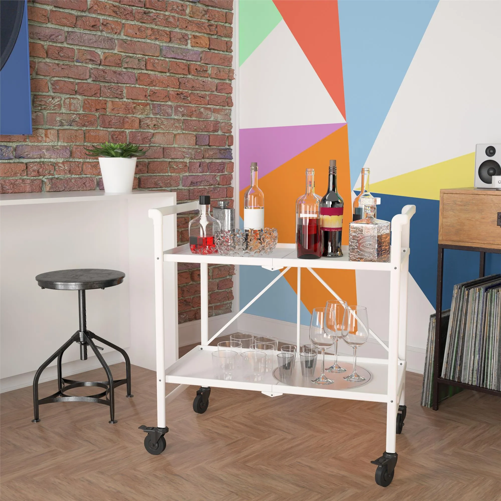 Folding Serving Cart with 2 Shelves