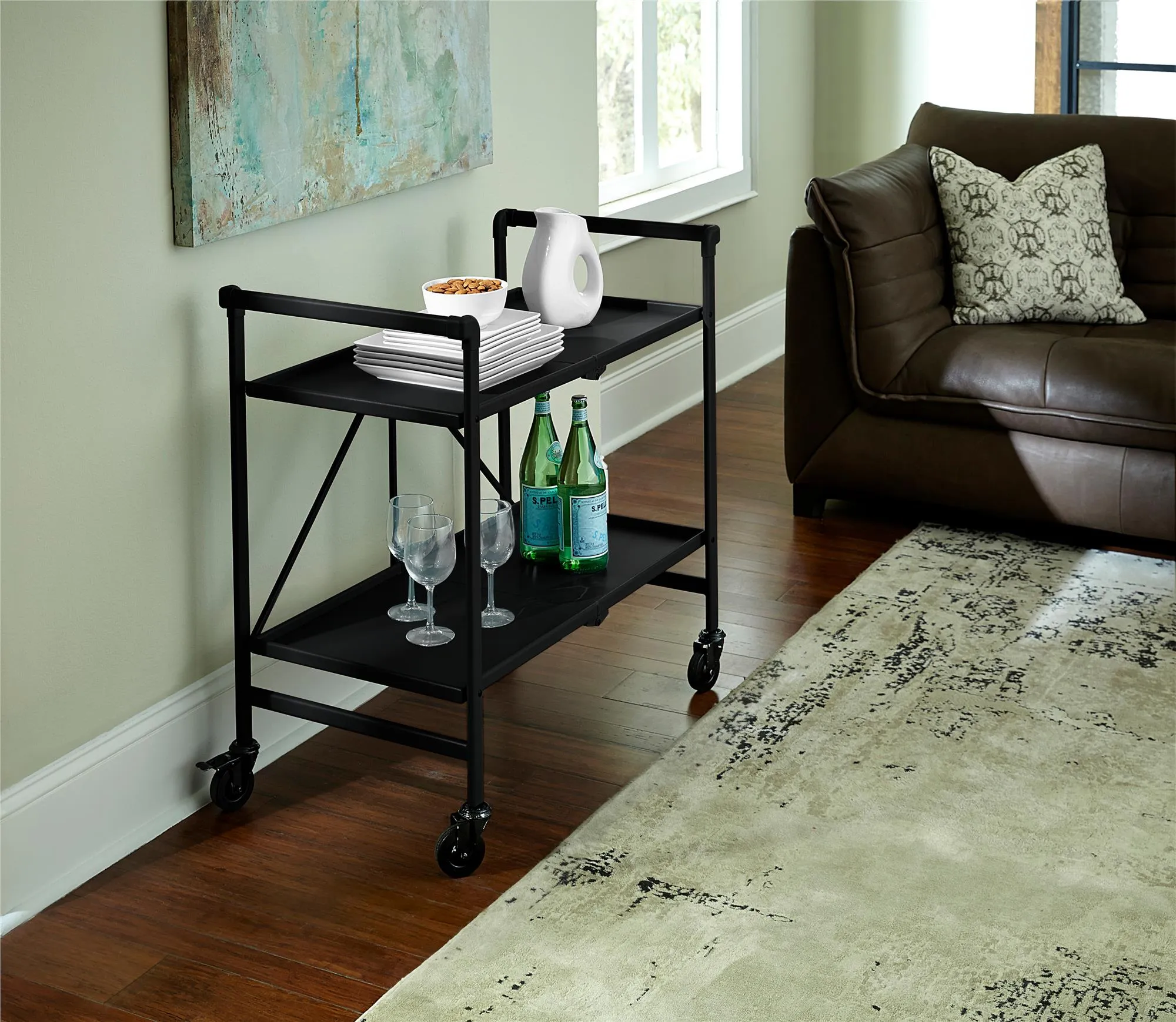 Folding Serving Cart with 2 Shelves