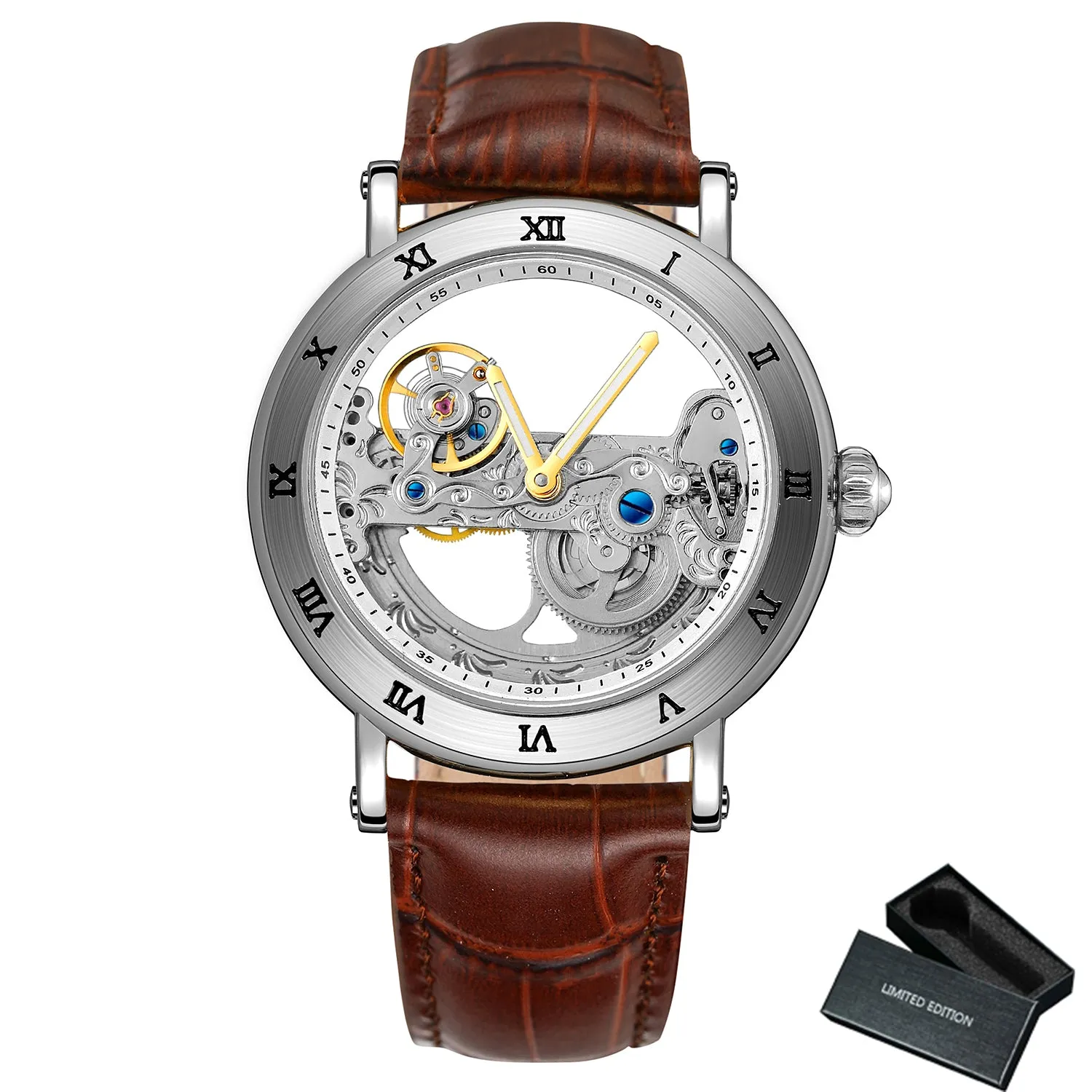 Forsining Engraved Golden Bridge Skeleton Automatic Mechanical Watch for Men Luminous Hands Brown Leather Strap 134