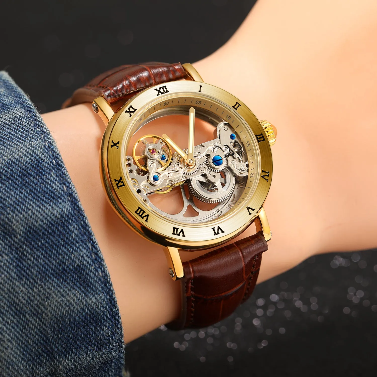 Forsining Engraved Golden Bridge Skeleton Automatic Mechanical Watch for Men Luminous Hands Brown Leather Strap 134