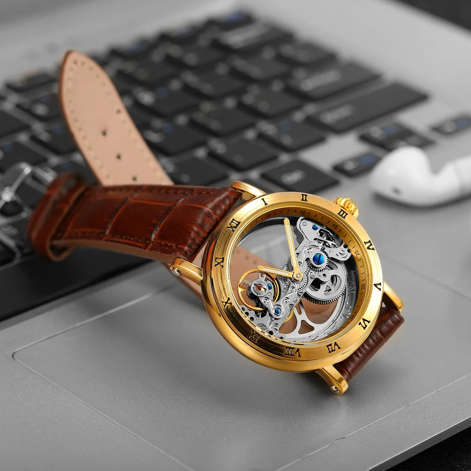 Forsining Engraved Golden Bridge Skeleton Automatic Mechanical Watch for Men Luminous Hands Brown Leather Strap 134