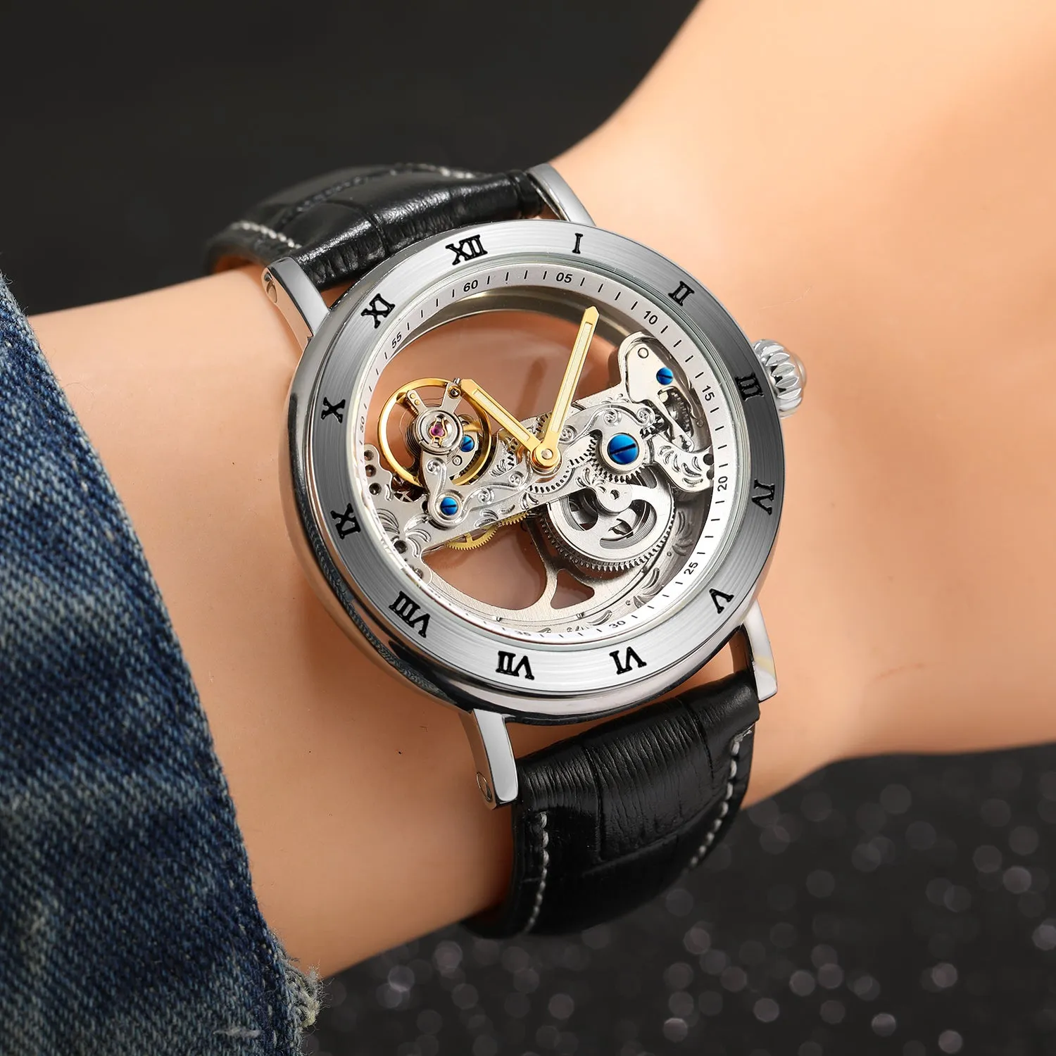 Forsining Engraved Golden Bridge Skeleton Automatic Mechanical Watch for Men Luminous Hands Brown Leather Strap 134