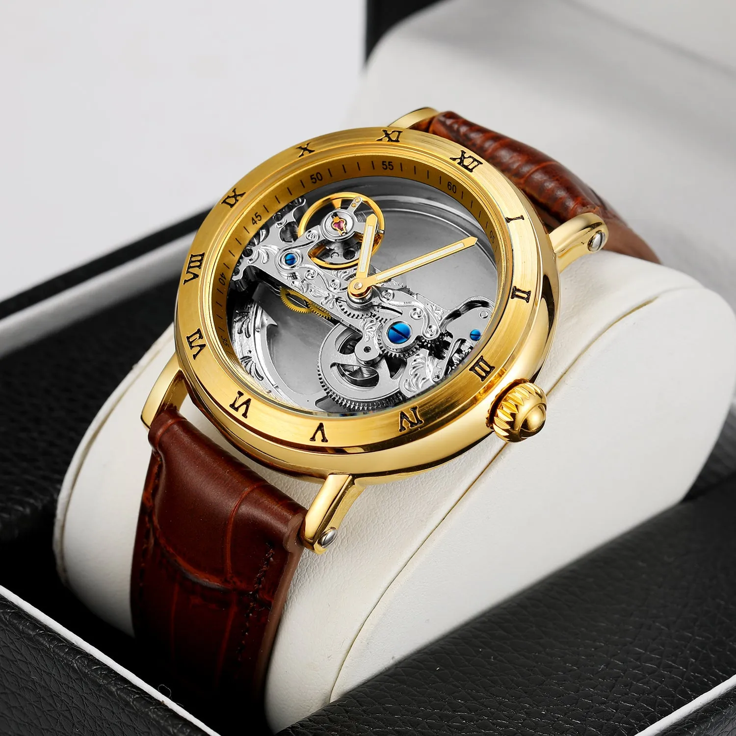 Forsining Engraved Golden Bridge Skeleton Automatic Mechanical Watch for Men Luminous Hands Brown Leather Strap 134