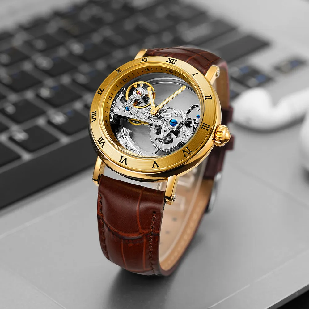 Forsining Engraved Golden Bridge Skeleton Automatic Mechanical Watch for Men Luminous Hands Brown Leather Strap 134