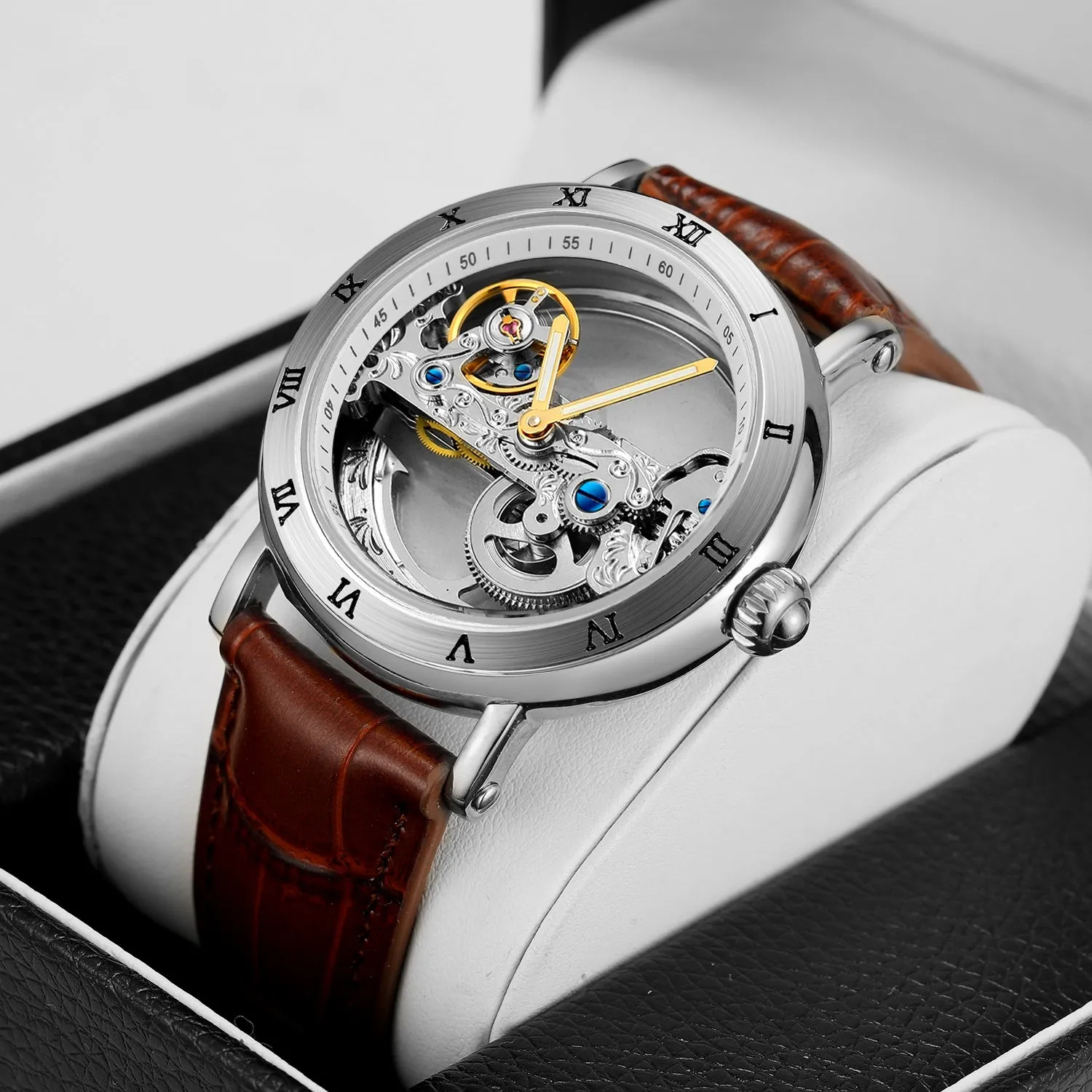 Forsining Engraved Golden Bridge Skeleton Automatic Mechanical Watch for Men Luminous Hands Brown Leather Strap 134