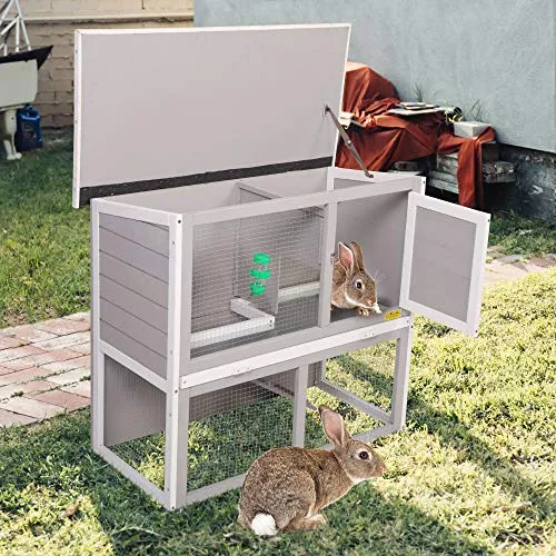 JAXPETY 2-Tier Wood Rabbit House Cage Backyard Garden Duplex Hutch for Small Animal Pet w/Sloped Weatherproof Roof, Ramp, Tray, Water Bottle Safe, Indoor Outdoor (Gray   White)