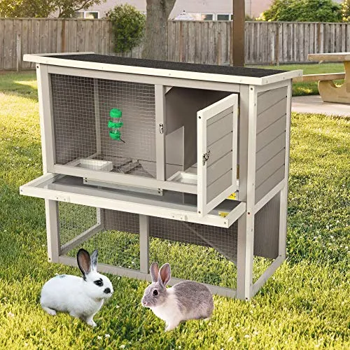 JAXPETY 2-Tier Wood Rabbit House Cage Backyard Garden Duplex Hutch for Small Animal Pet w/Sloped Weatherproof Roof, Ramp, Tray, Water Bottle Safe, Indoor Outdoor (Gray   White)