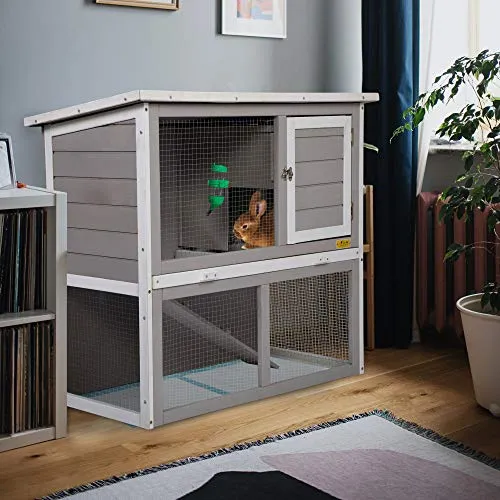 JAXPETY 2-Tier Wood Rabbit House Cage Backyard Garden Duplex Hutch for Small Animal Pet w/Sloped Weatherproof Roof, Ramp, Tray, Water Bottle Safe, Indoor Outdoor (Gray   White)