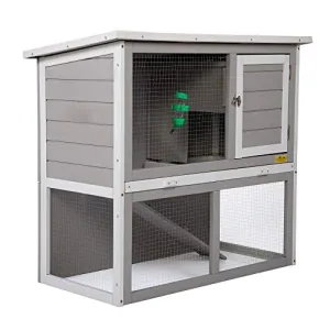 JAXPETY 2-Tier Wood Rabbit House Cage Backyard Garden Duplex Hutch for Small Animal Pet w/Sloped Weatherproof Roof, Ramp, Tray, Water Bottle Safe, Indoor Outdoor (Gray   White)