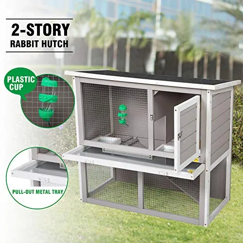 JAXPETY 2-Tier Wood Rabbit House Cage Backyard Garden Duplex Hutch for Small Animal Pet w/Sloped Weatherproof Roof, Ramp, Tray, Water Bottle Safe, Indoor Outdoor (Gray   White)