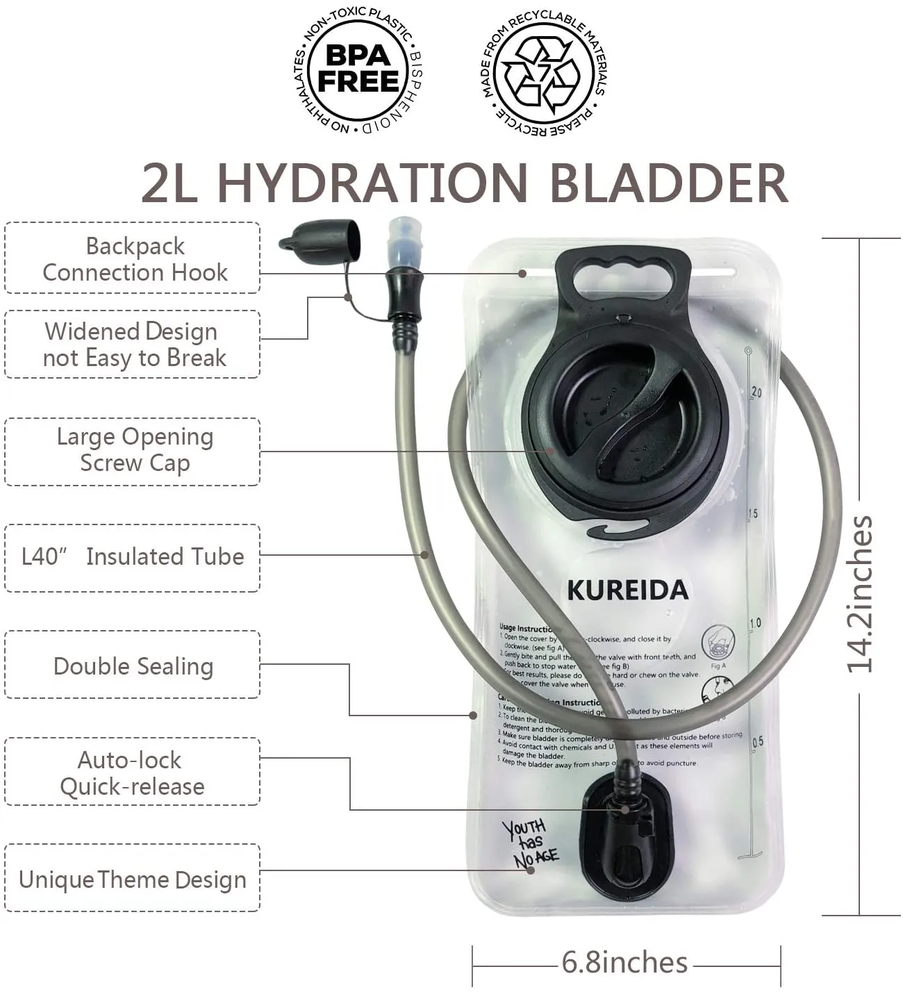 KUREIDA Hydration Bladder 2 Liter Leak Proof Water Reservoir,Bpa Free,Wide Opening, Military Water Bladder Combined with Hydration Backpacks for Biking Hiking Running Camping Climbing.