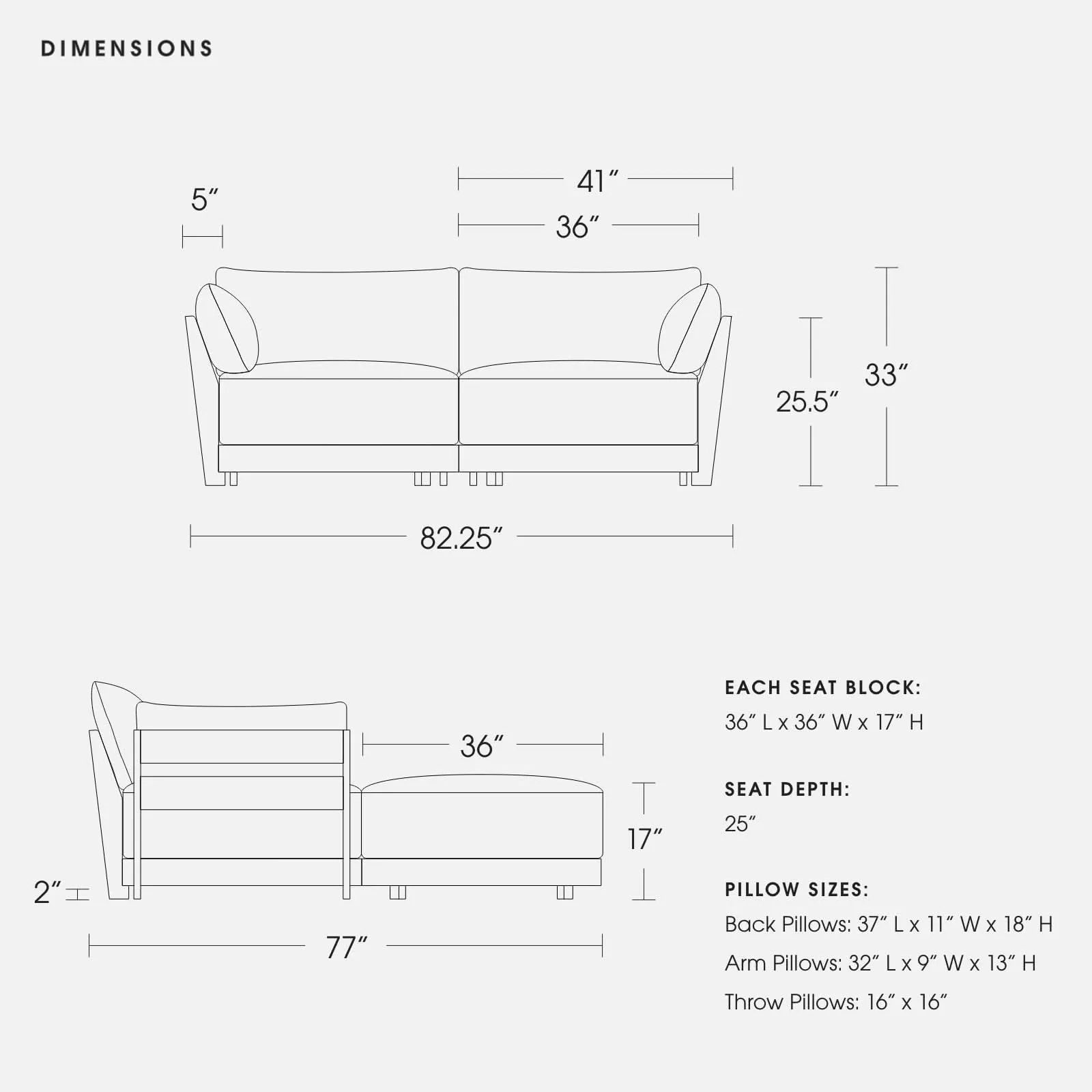 Modular Bondi Black 2-Seater Sectional in Ash | Memory Foam Blend