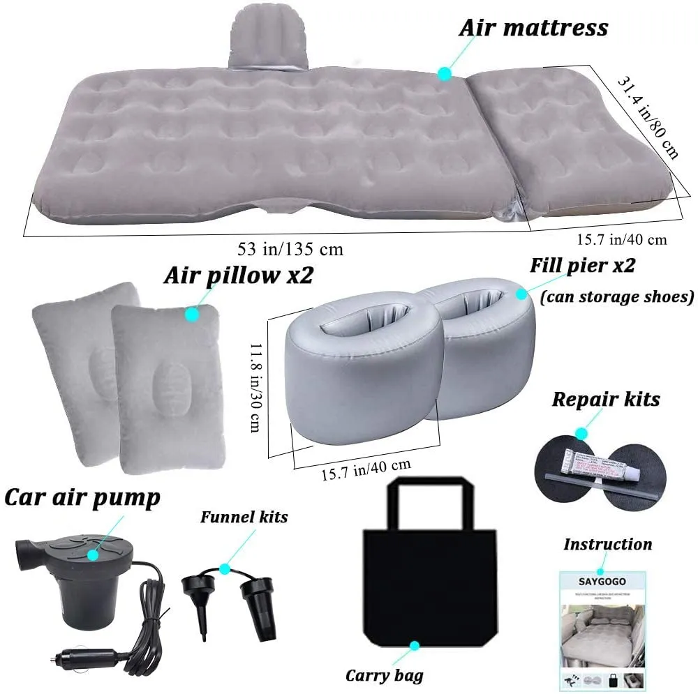 SAYGOGO Inflatable Car Air Mattress Travel Bed - Thickened Car Camping Bed Sleeping Pad with Electric Car Air Pump Flocking & PVC Surface Car Tent with 2 Pillows for SUV Sedan Pickup Back Seat