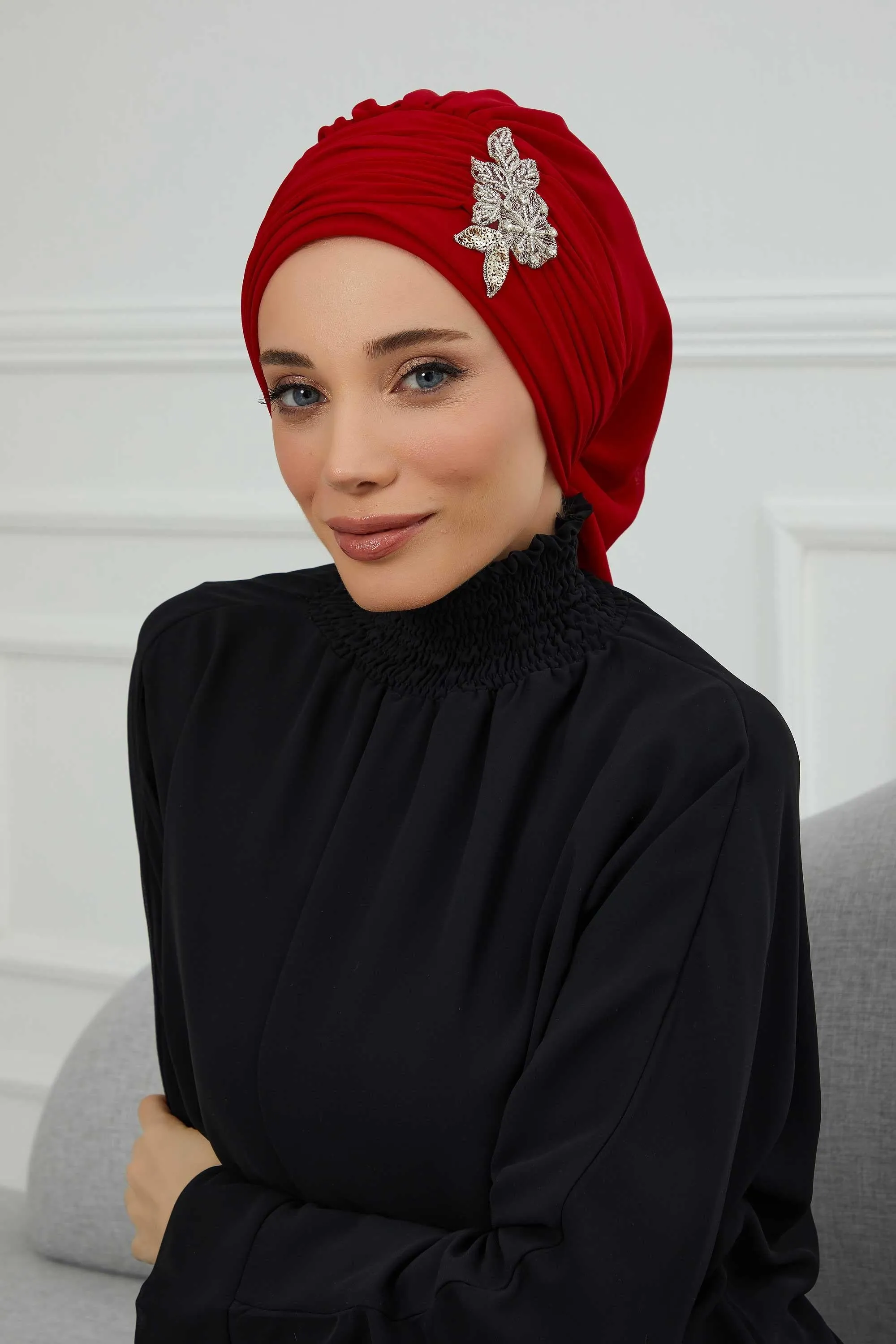 Side Frilled Instant Turban Cotton Scarf Head Turbans with Unique Jewellery Stone Accessory For Women Headwear Stylish Design,HT-105