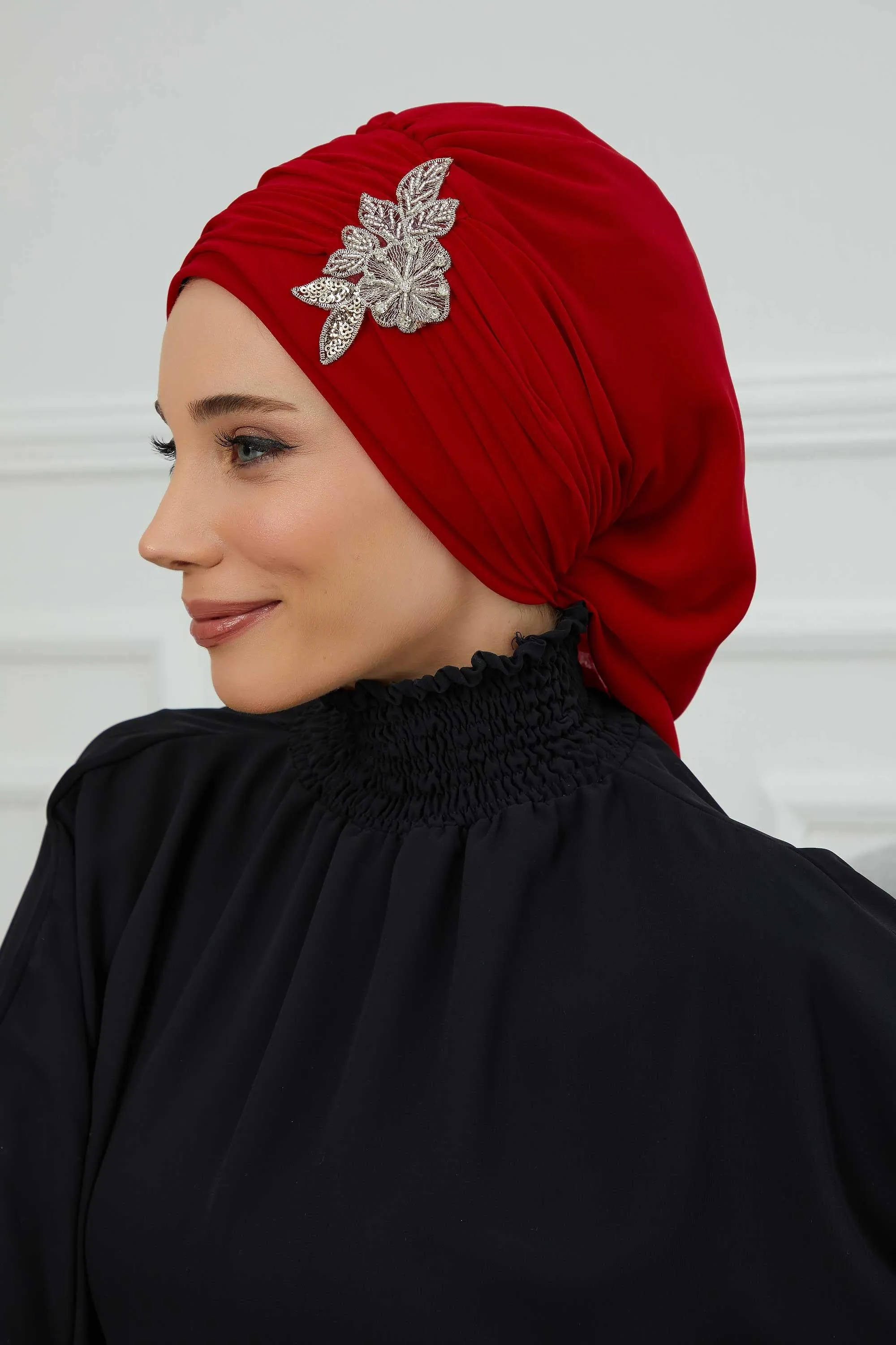 Side Frilled Instant Turban Cotton Scarf Head Turbans with Unique Jewellery Stone Accessory For Women Headwear Stylish Design,HT-105