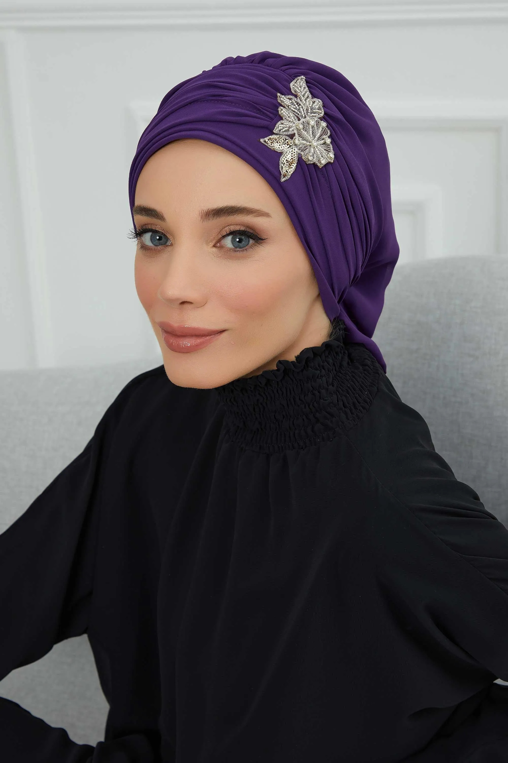 Side Frilled Instant Turban Cotton Scarf Head Turbans with Unique Jewellery Stone Accessory For Women Headwear Stylish Design,HT-105