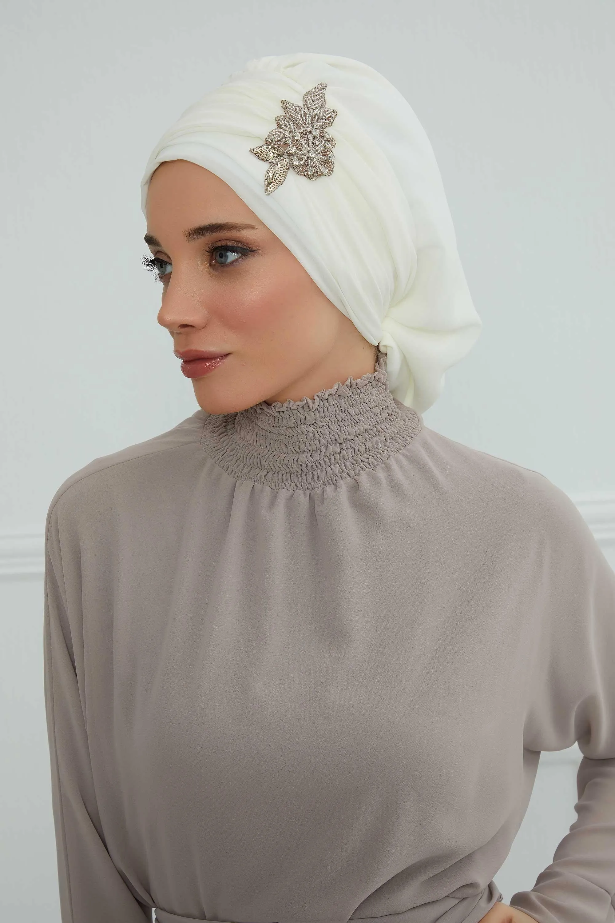 Side Frilled Instant Turban Cotton Scarf Head Turbans with Unique Jewellery Stone Accessory For Women Headwear Stylish Design,HT-105