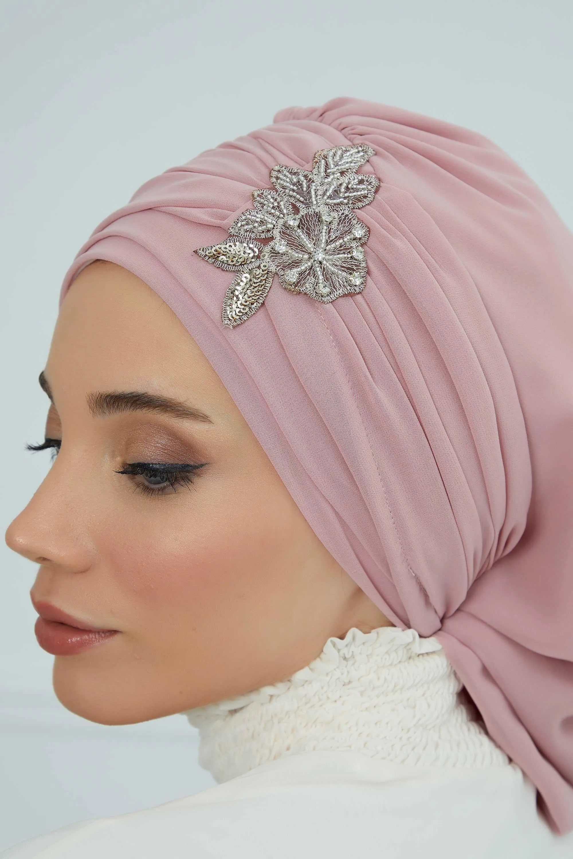 Side Frilled Instant Turban Cotton Scarf Head Turbans with Unique Jewellery Stone Accessory For Women Headwear Stylish Design,HT-105