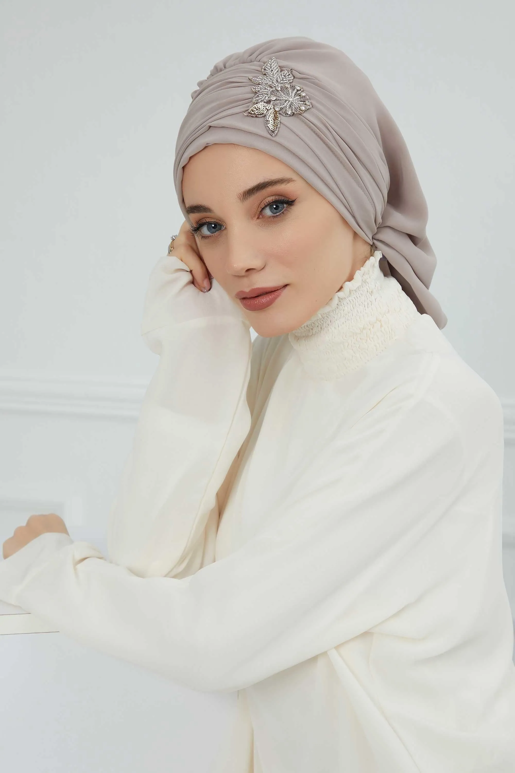 Side Frilled Instant Turban Cotton Scarf Head Turbans with Unique Jewellery Stone Accessory For Women Headwear Stylish Design,HT-105