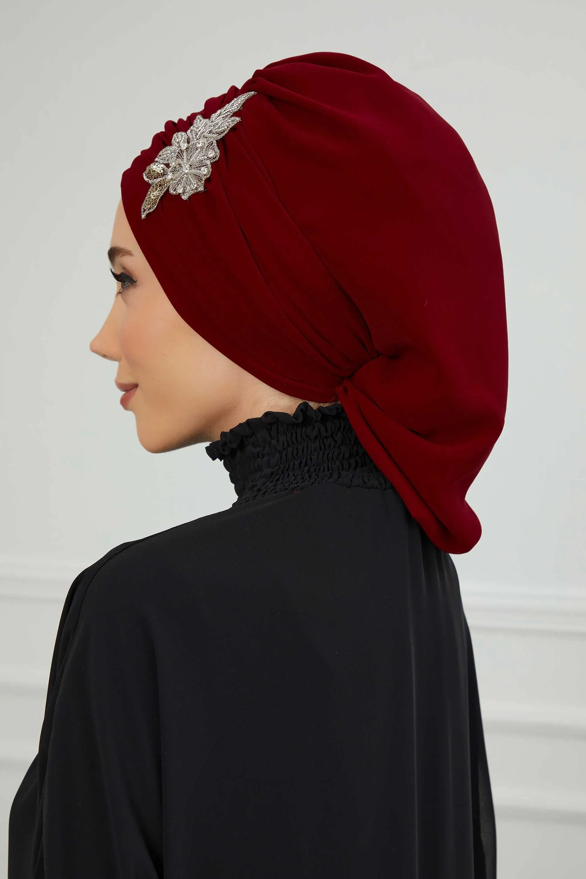 Side Frilled Instant Turban Cotton Scarf Head Turbans with Unique Jewellery Stone Accessory For Women Headwear Stylish Design,HT-105