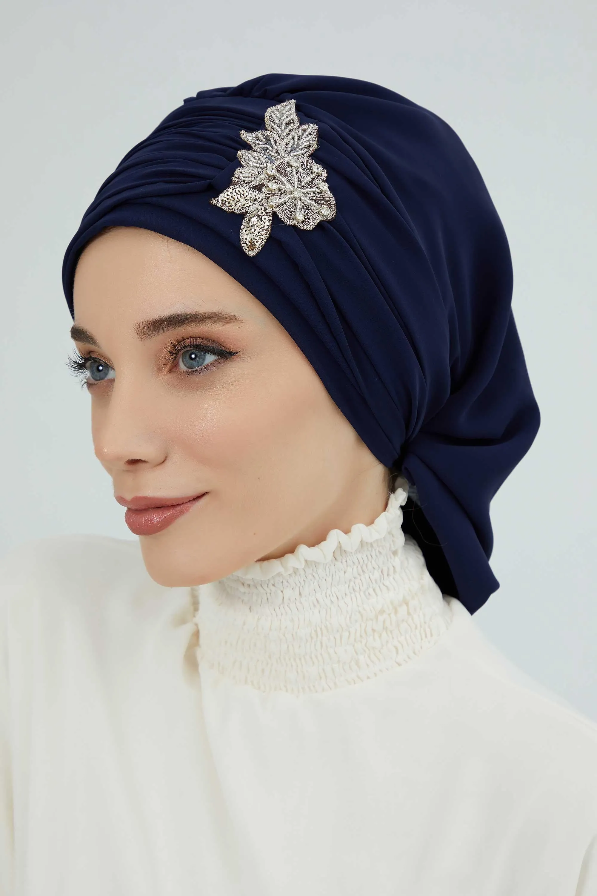 Side Frilled Instant Turban Cotton Scarf Head Turbans with Unique Jewellery Stone Accessory For Women Headwear Stylish Design,HT-105