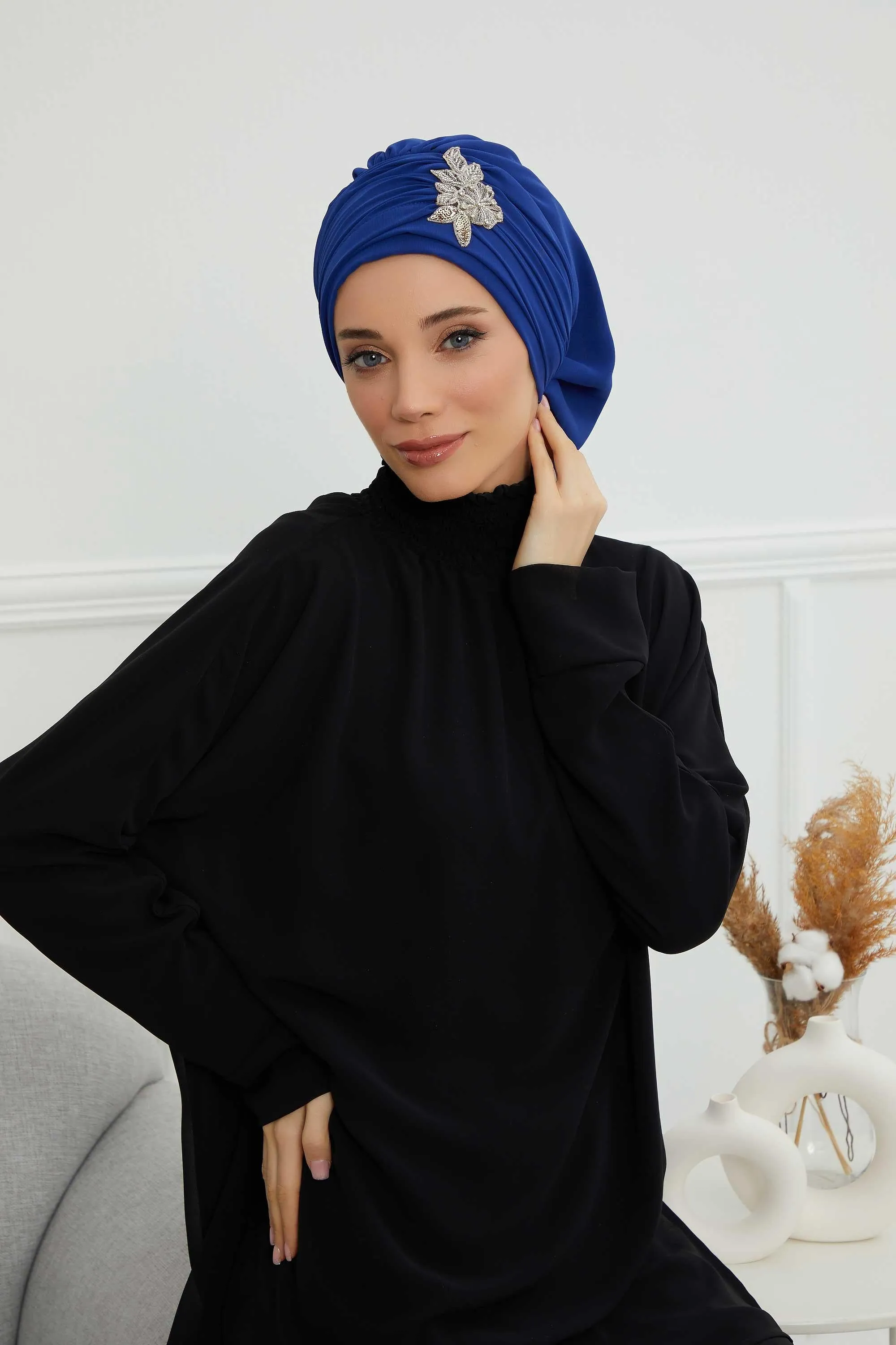 Side Frilled Instant Turban Cotton Scarf Head Turbans with Unique Jewellery Stone Accessory For Women Headwear Stylish Design,HT-105