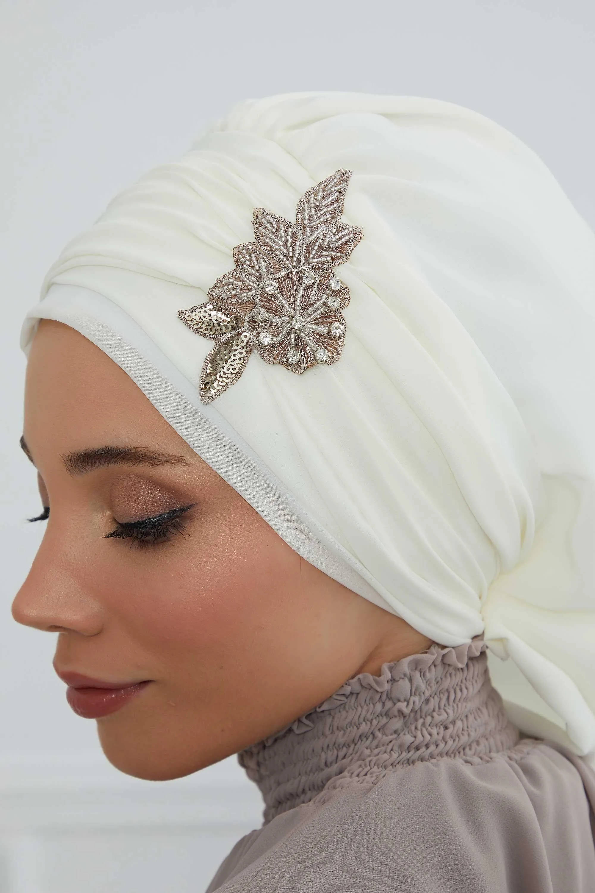 Side Frilled Instant Turban Cotton Scarf Head Turbans with Unique Jewellery Stone Accessory For Women Headwear Stylish Design,HT-105