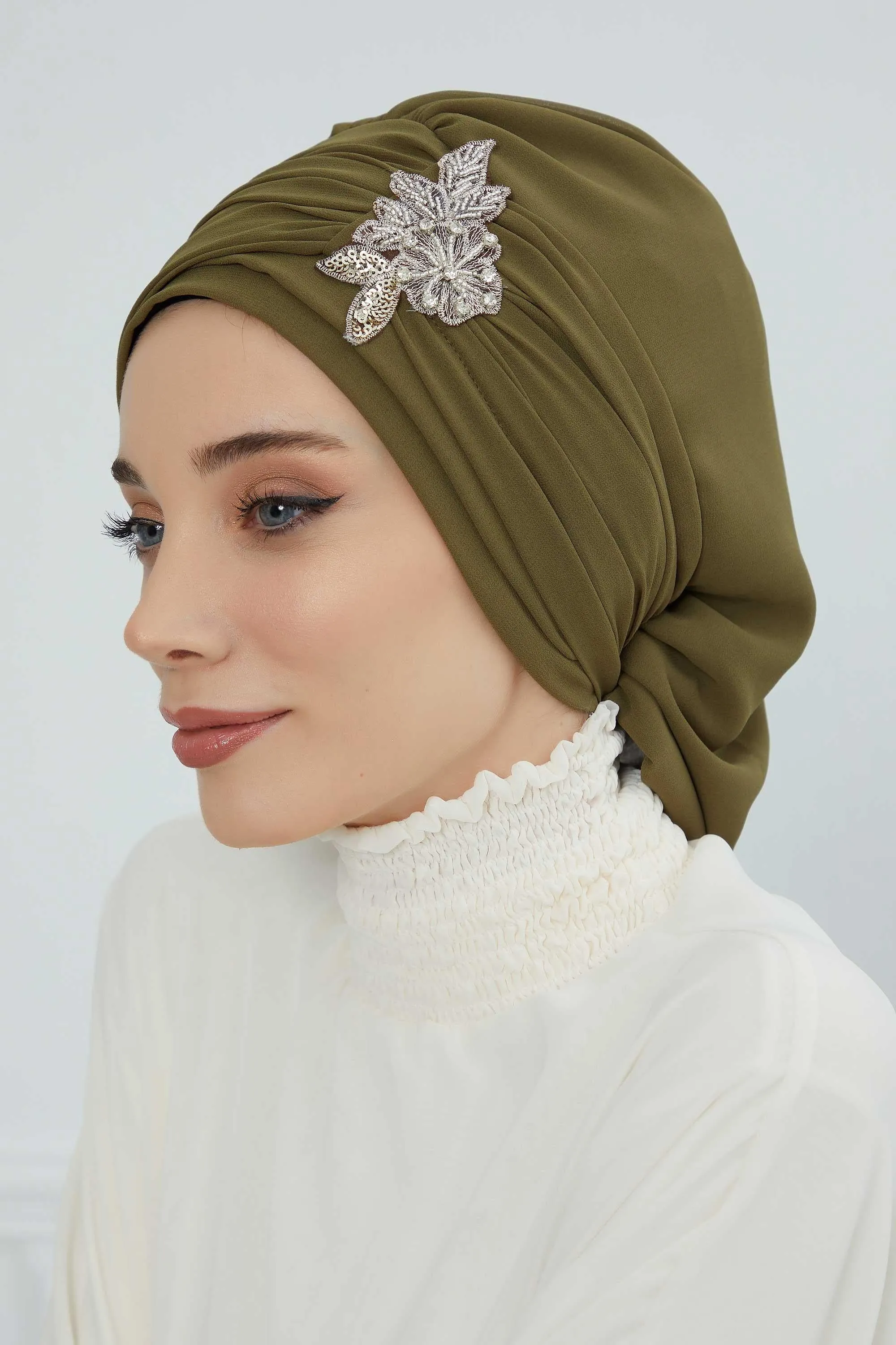 Side Frilled Instant Turban Cotton Scarf Head Turbans with Unique Jewellery Stone Accessory For Women Headwear Stylish Design,HT-105