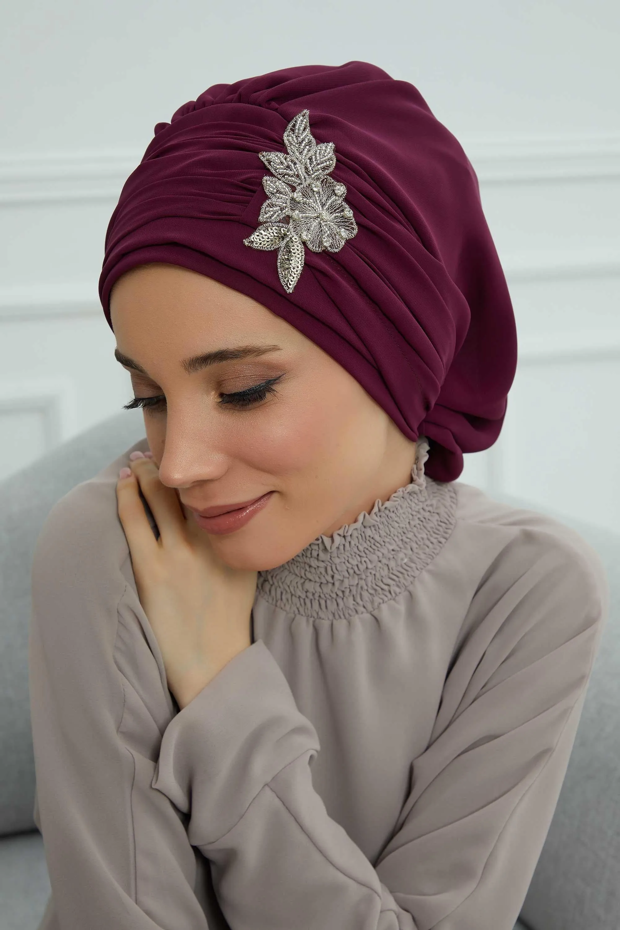 Side Frilled Instant Turban Cotton Scarf Head Turbans with Unique Jewellery Stone Accessory For Women Headwear Stylish Design,HT-105