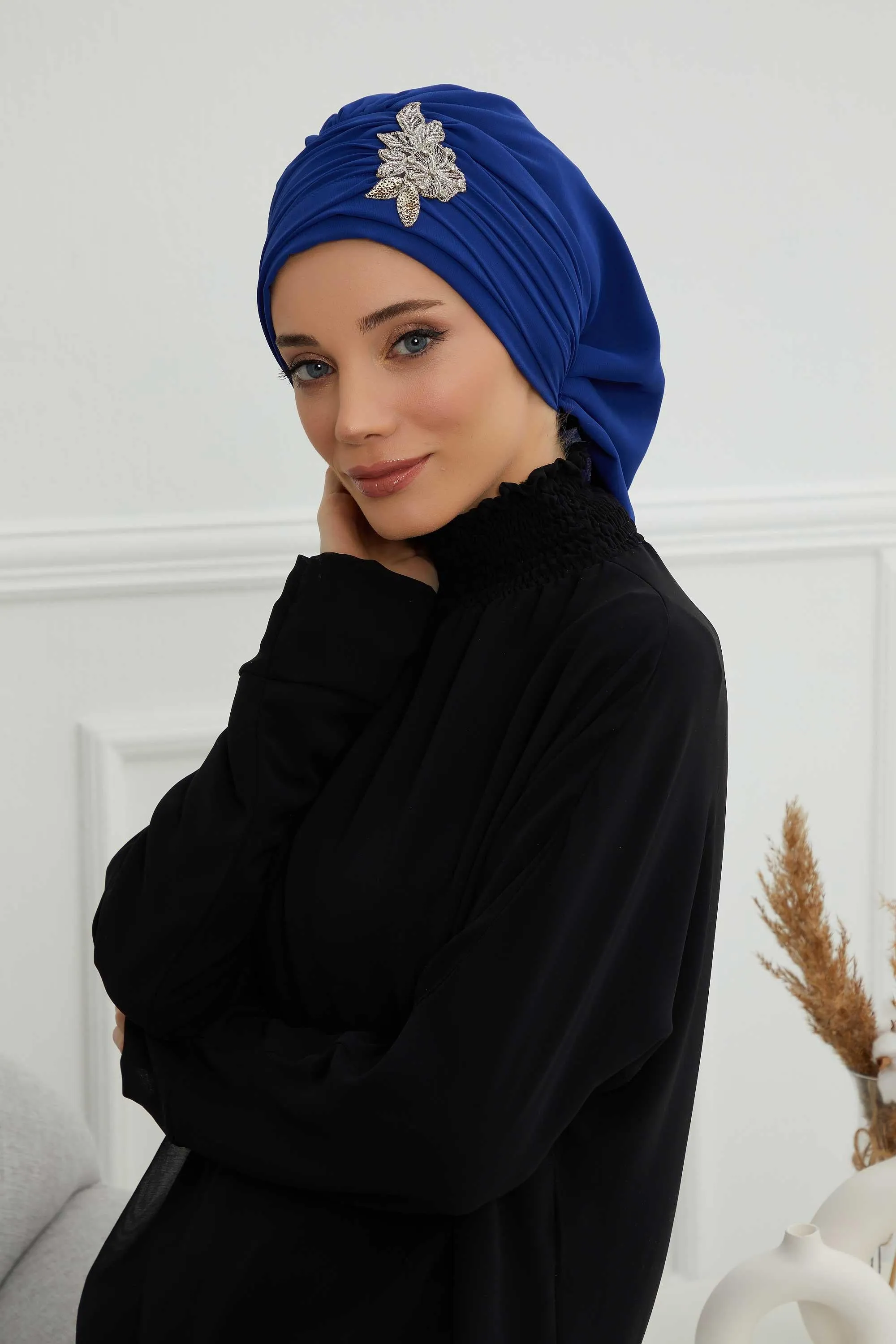 Side Frilled Instant Turban Cotton Scarf Head Turbans with Unique Jewellery Stone Accessory For Women Headwear Stylish Design,HT-105