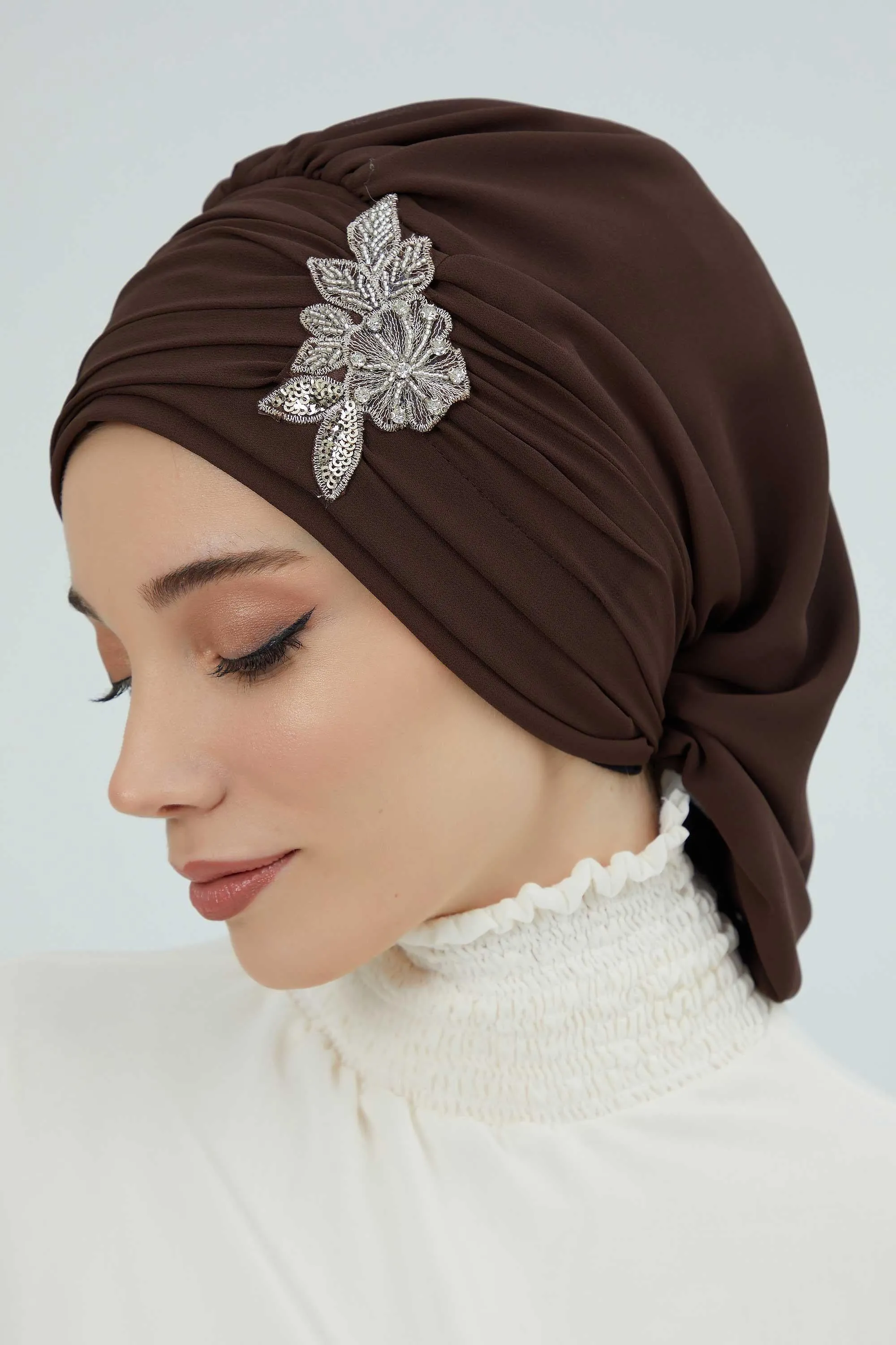 Side Frilled Instant Turban Cotton Scarf Head Turbans with Unique Jewellery Stone Accessory For Women Headwear Stylish Design,HT-105