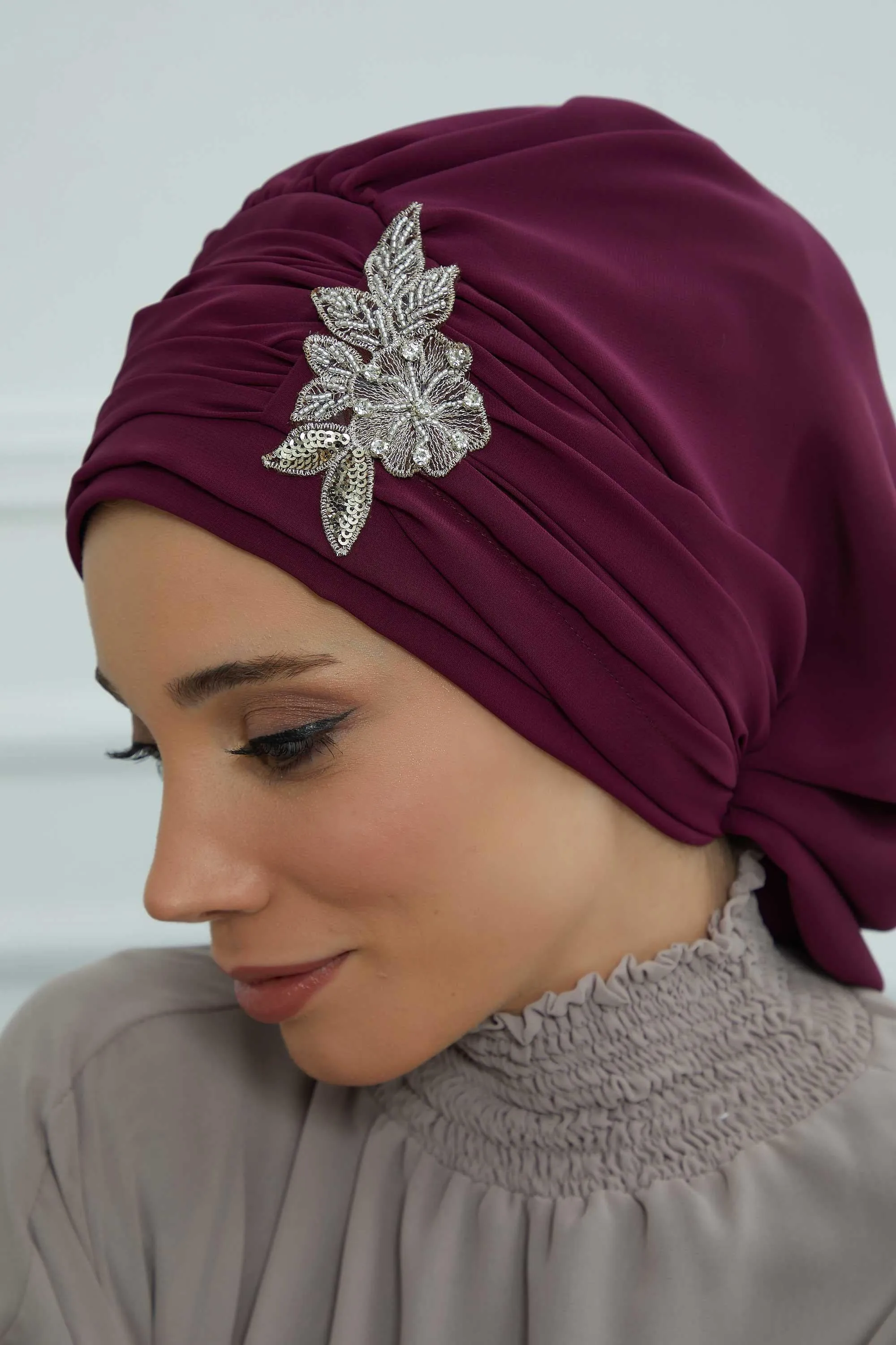 Side Frilled Instant Turban Cotton Scarf Head Turbans with Unique Jewellery Stone Accessory For Women Headwear Stylish Design,HT-105