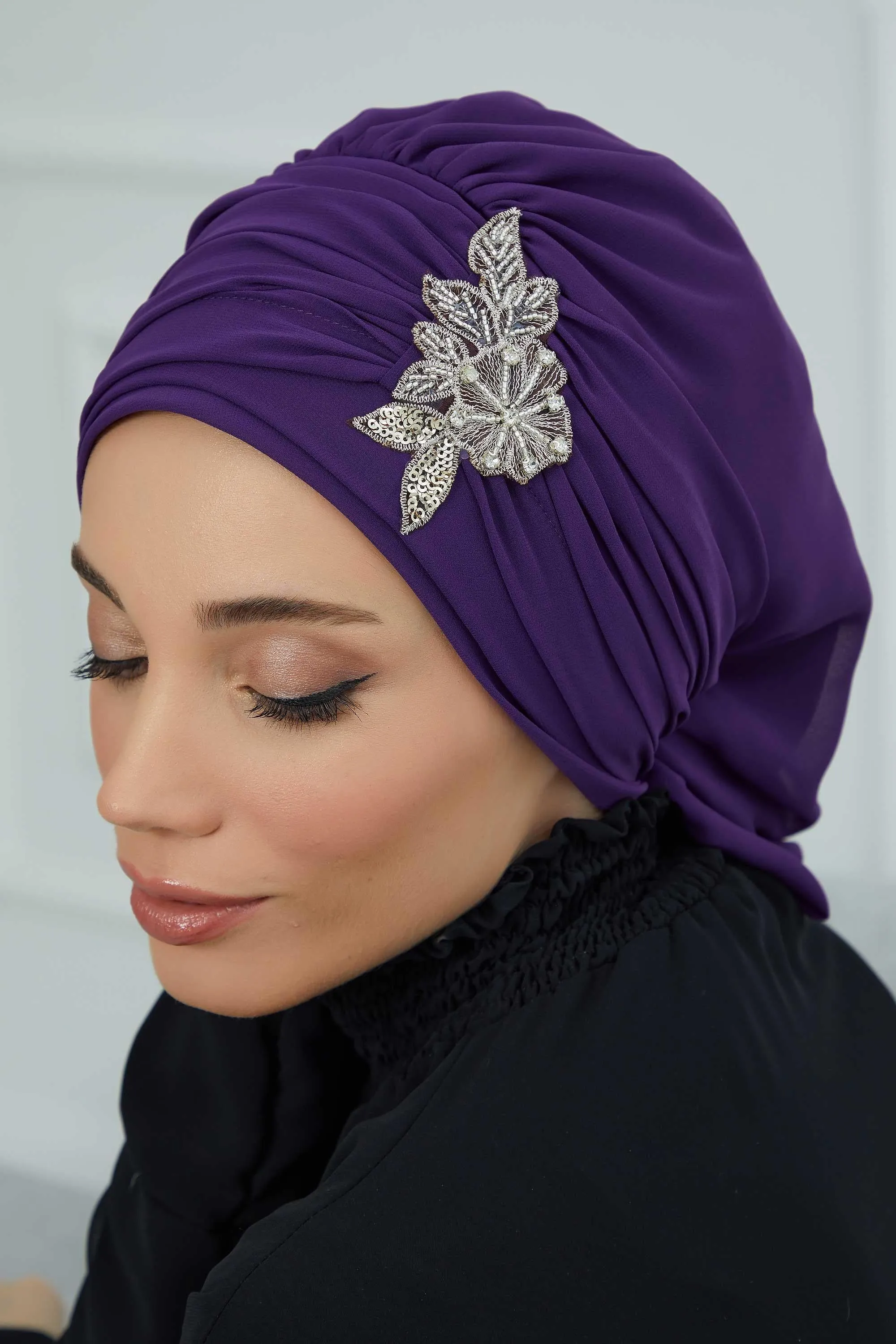 Side Frilled Instant Turban Cotton Scarf Head Turbans with Unique Jewellery Stone Accessory For Women Headwear Stylish Design,HT-105