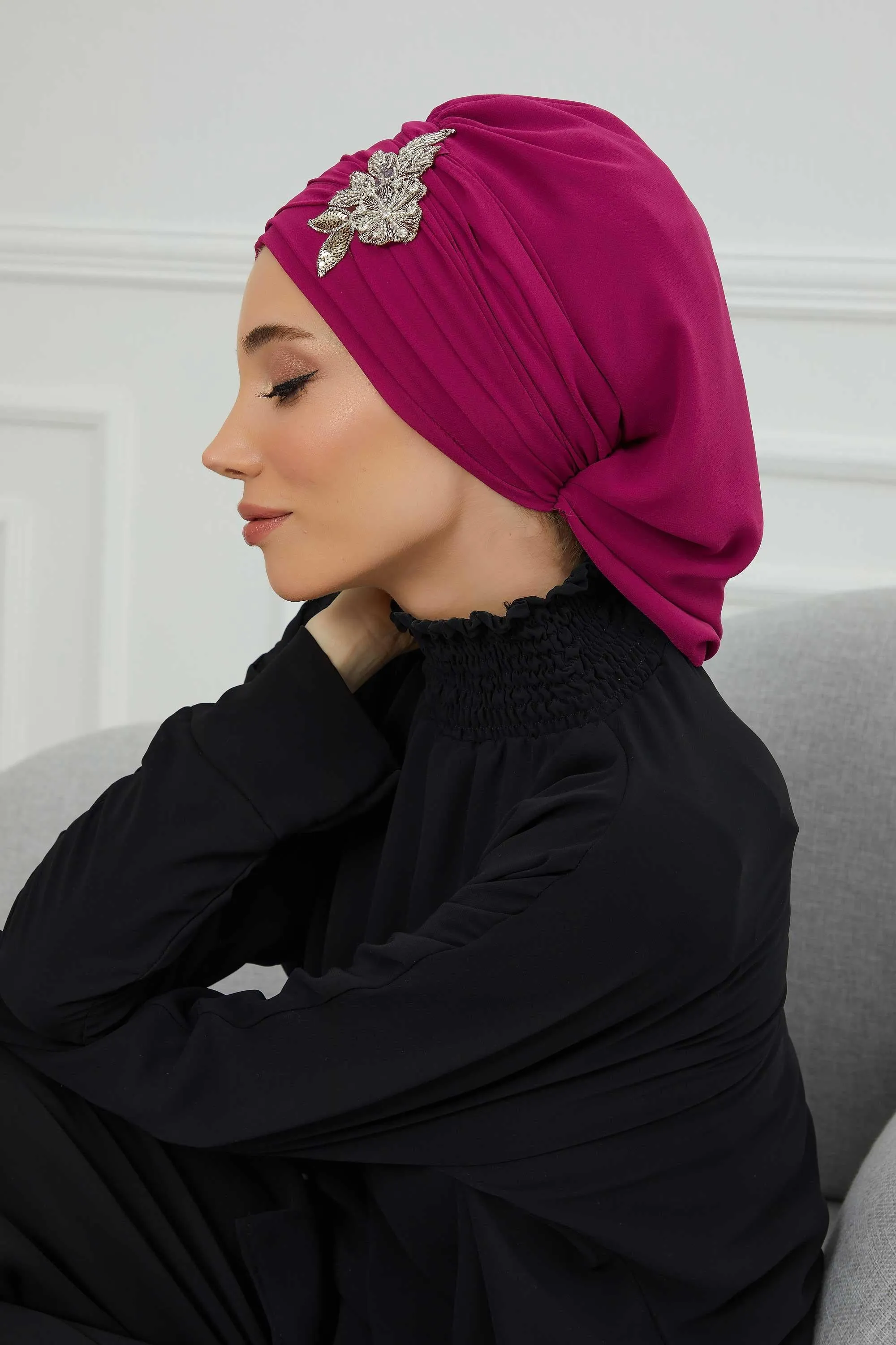 Side Frilled Instant Turban Cotton Scarf Head Turbans with Unique Jewellery Stone Accessory For Women Headwear Stylish Design,HT-105