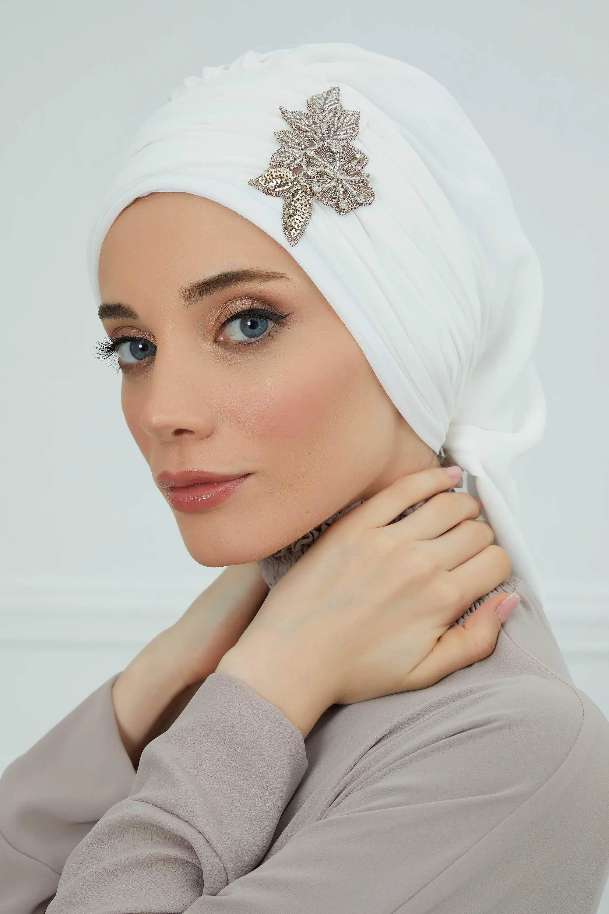 Side Frilled Instant Turban Cotton Scarf Head Turbans with Unique Jewellery Stone Accessory For Women Headwear Stylish Design,HT-105