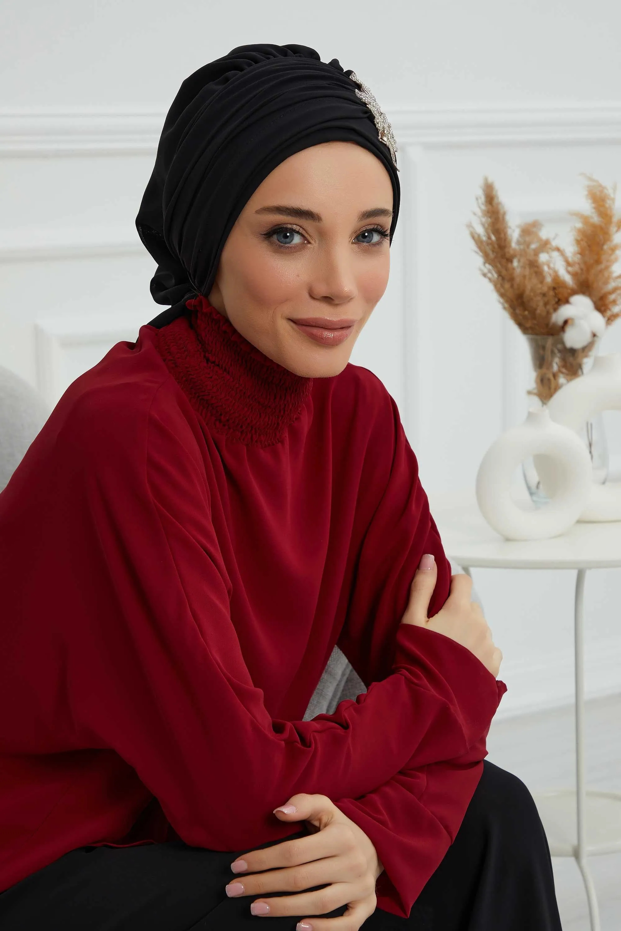 Side Frilled Instant Turban Cotton Scarf Head Turbans with Unique Jewellery Stone Accessory For Women Headwear Stylish Design,HT-105