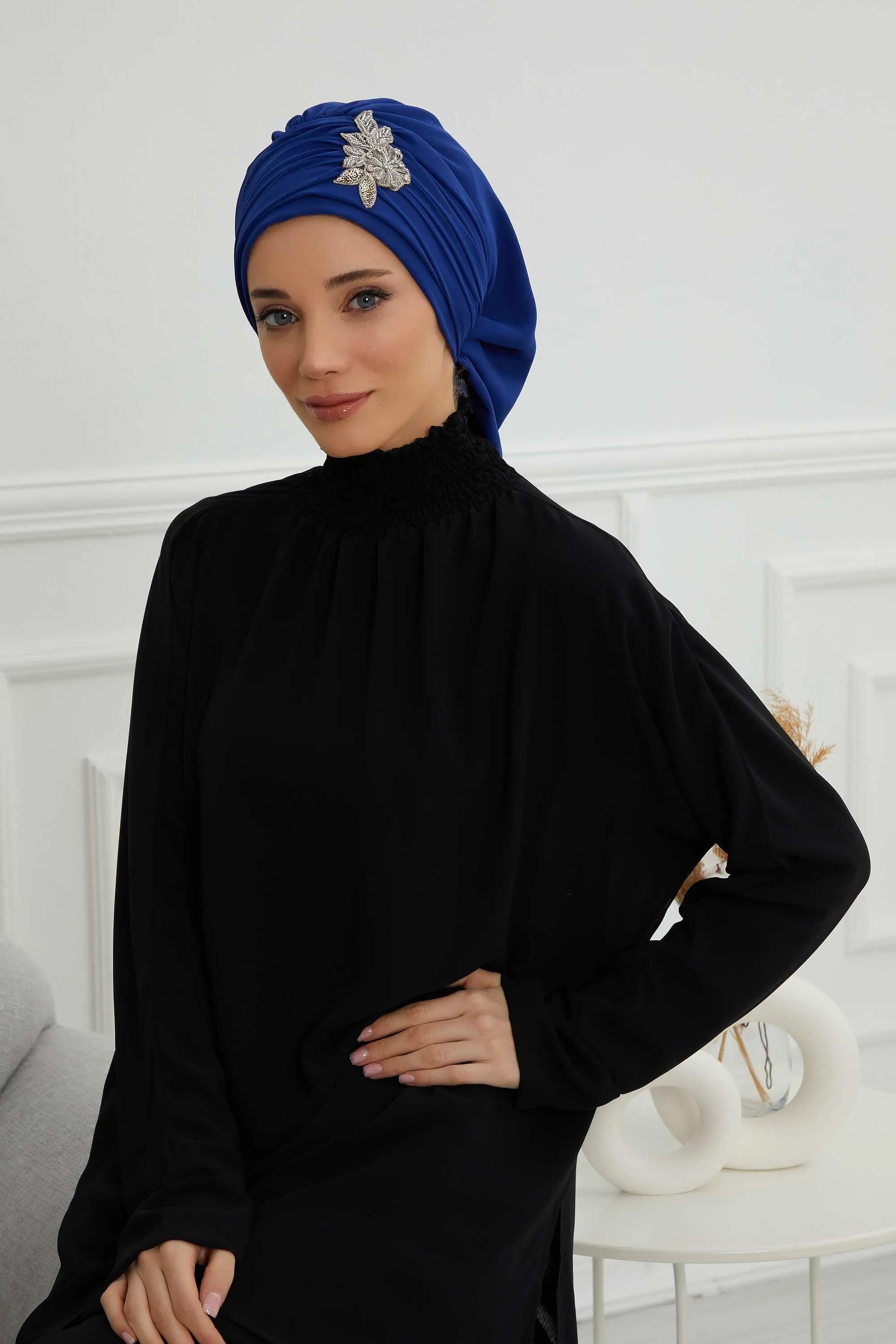 Side Frilled Instant Turban Cotton Scarf Head Turbans with Unique Jewellery Stone Accessory For Women Headwear Stylish Design,HT-105