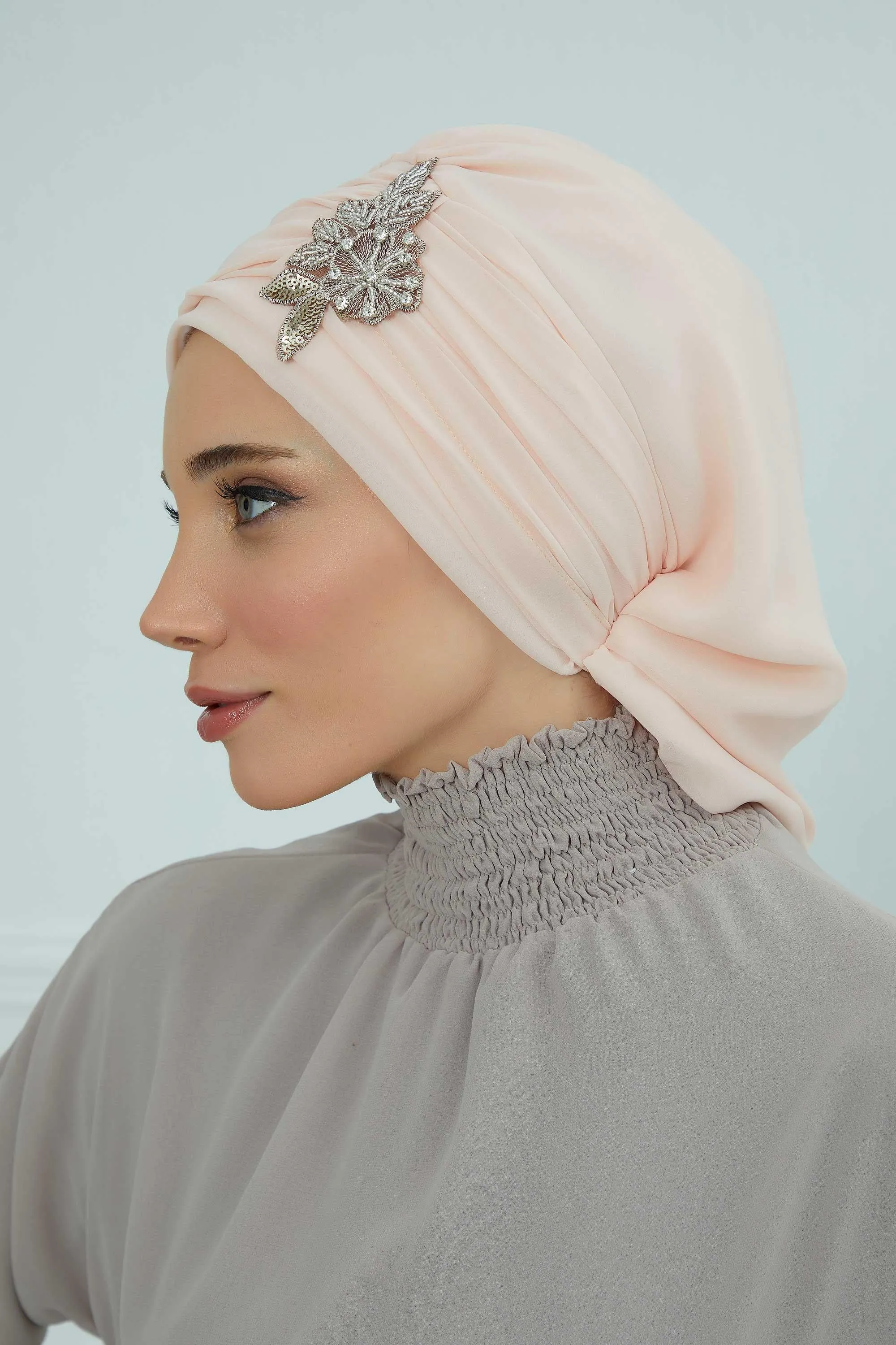 Side Frilled Instant Turban Cotton Scarf Head Turbans with Unique Jewellery Stone Accessory For Women Headwear Stylish Design,HT-105