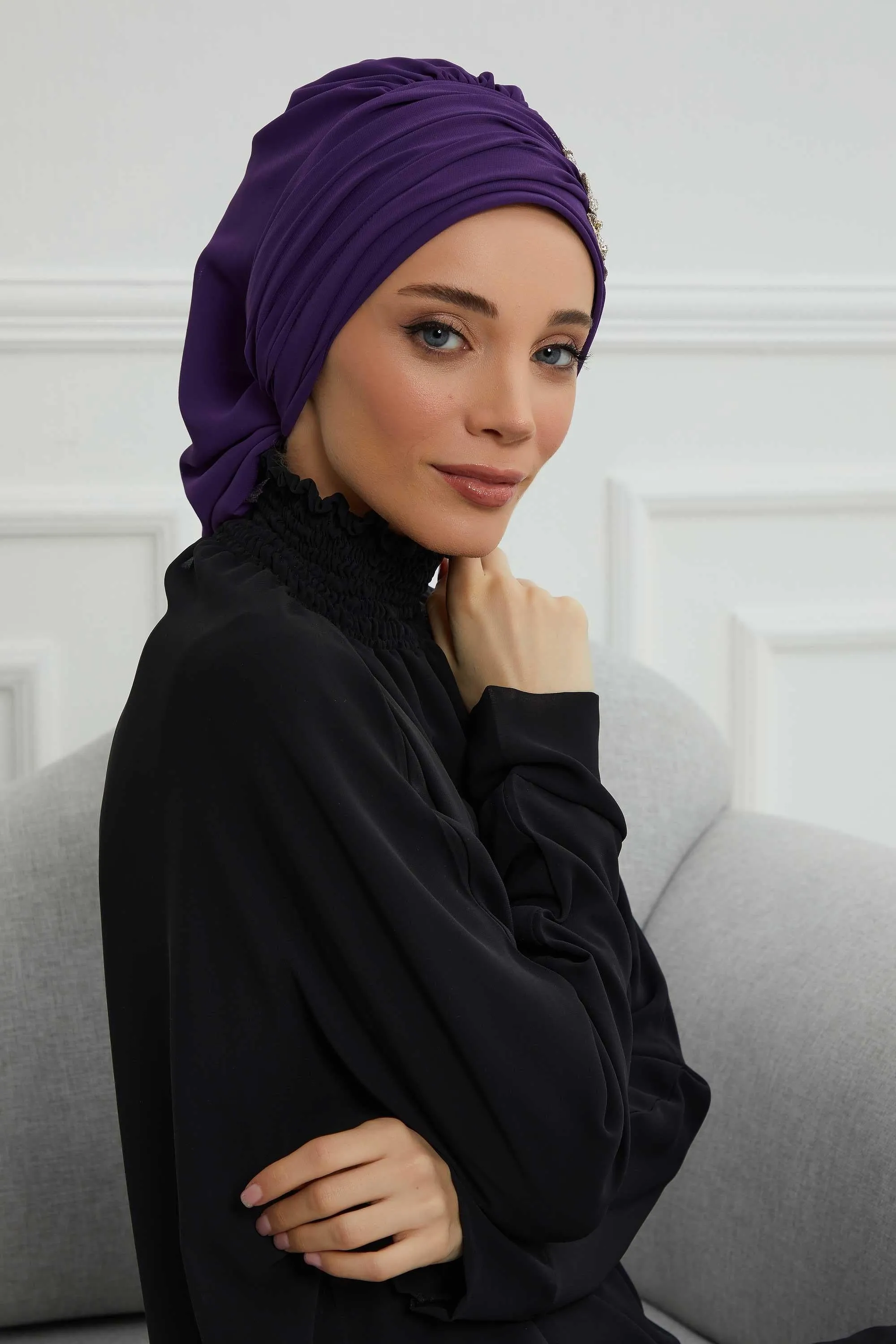 Side Frilled Instant Turban Cotton Scarf Head Turbans with Unique Jewellery Stone Accessory For Women Headwear Stylish Design,HT-105