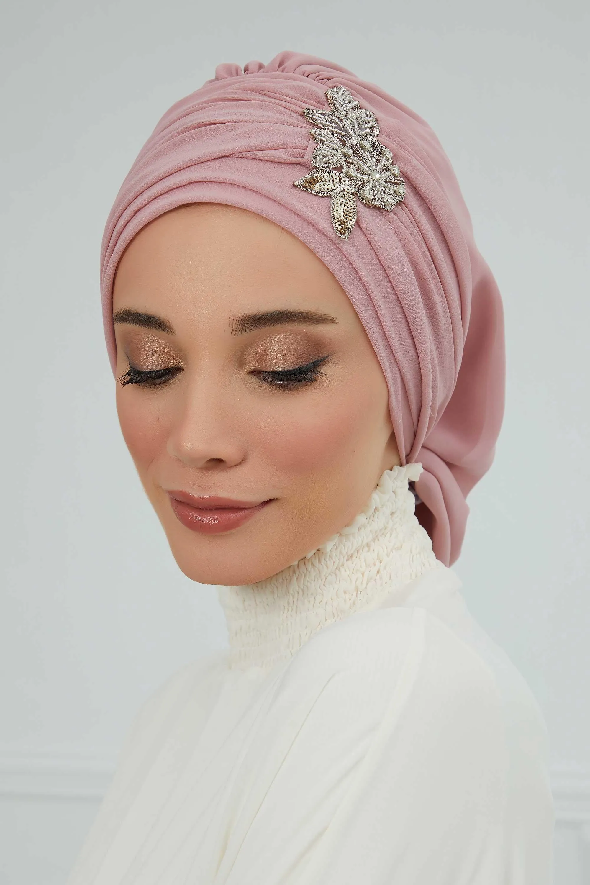 Side Frilled Instant Turban Cotton Scarf Head Turbans with Unique Jewellery Stone Accessory For Women Headwear Stylish Design,HT-105