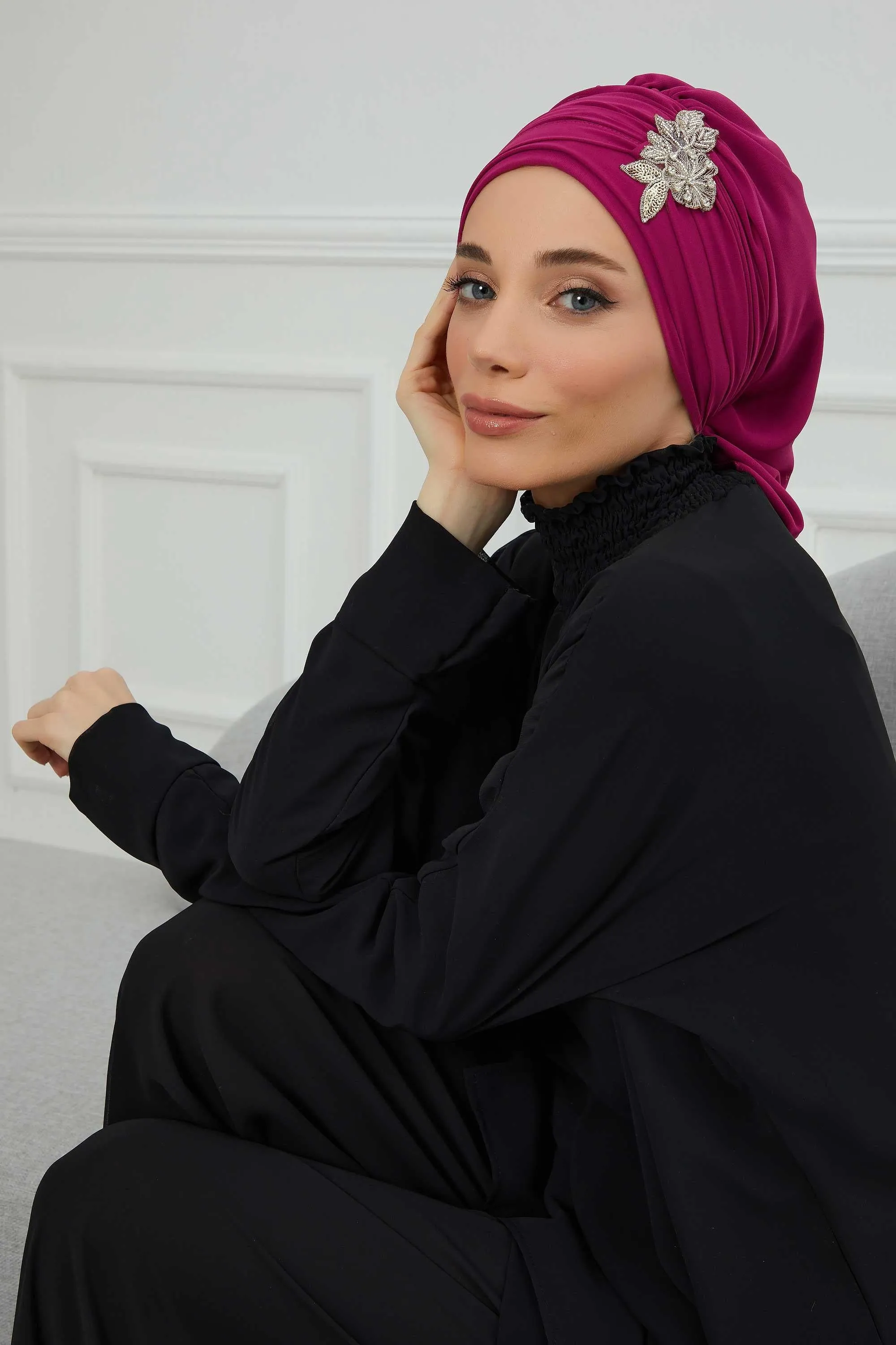 Side Frilled Instant Turban Cotton Scarf Head Turbans with Unique Jewellery Stone Accessory For Women Headwear Stylish Design,HT-105