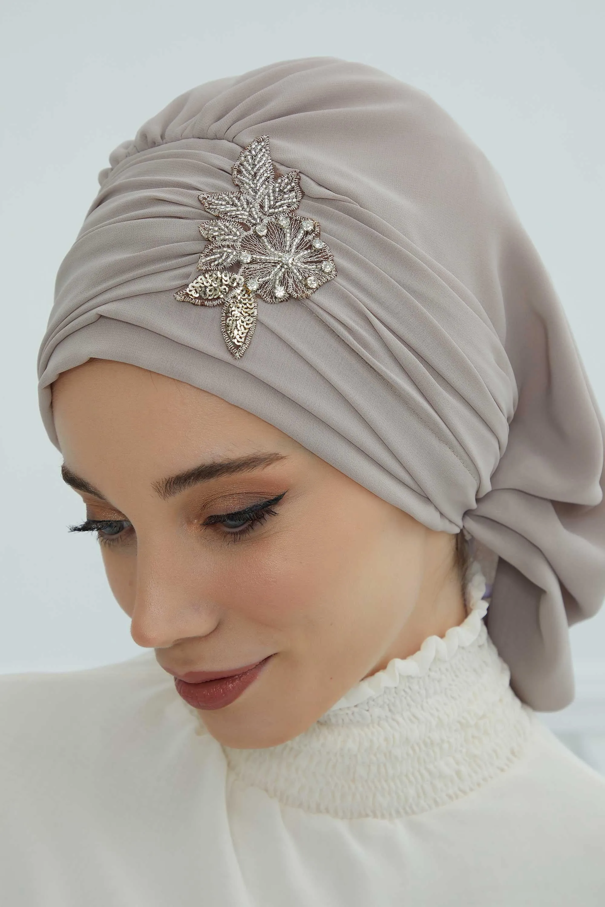 Side Frilled Instant Turban Cotton Scarf Head Turbans with Unique Jewellery Stone Accessory For Women Headwear Stylish Design,HT-105